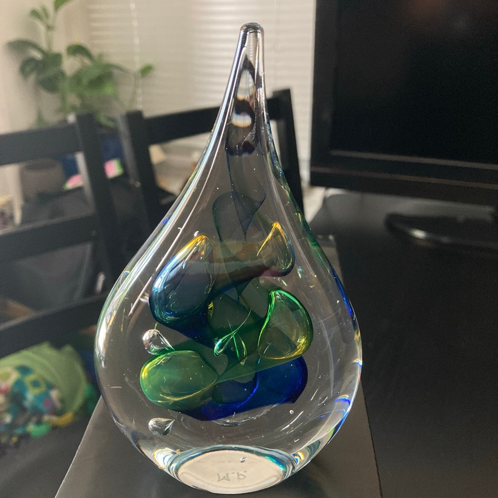 GlassTeardrop Green/Blue Swirls made by Polish Artist- Marion Pyrcak